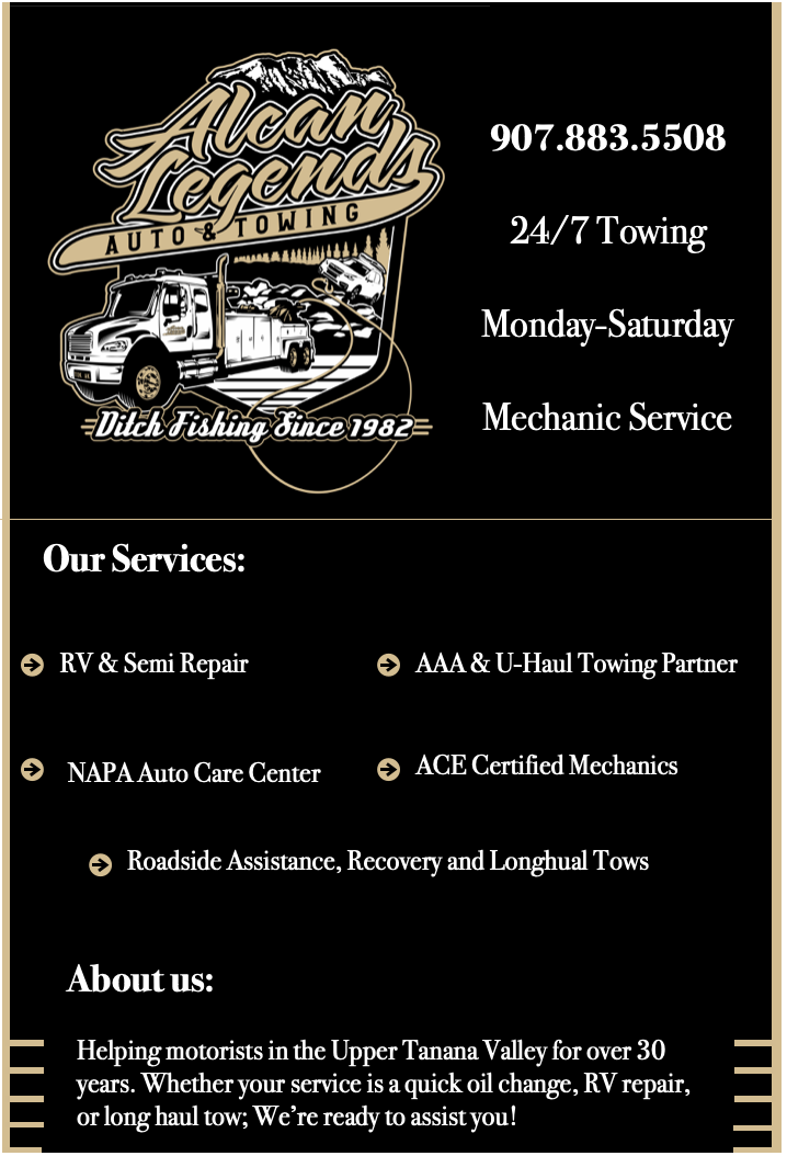 Alcan Legends Auto & Towing — 907.883.5508, 24/7 towing and mechanic service in the Upper Tanana Valley